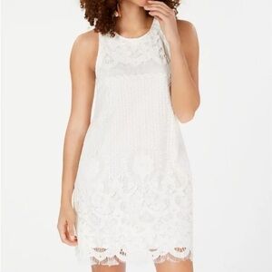 White Lace Sleeveless Jewel Neck Short Shift Dress
